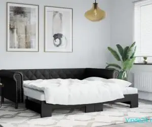Pat de zi cu extensie, negru, 90x200 cm, piele ecologică