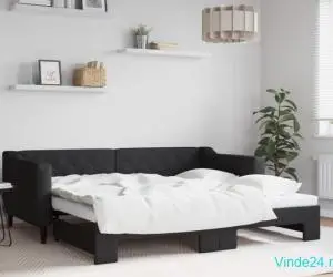 Pat de zi cu extensie, negru, 90x190 cm, textil