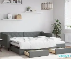 Pat de zi cu extensie și sertare, gri închis, 90x190cm, textil