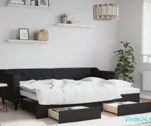 Pat de zi cu extensie și sertare, negru, 80x200 cm, textil