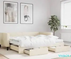 Pat de zi cu extensie și sertare, crem, 90x200 cm, textil