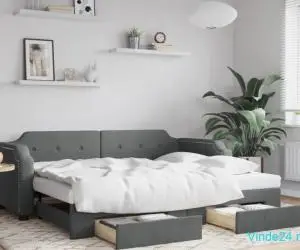 Pat de zi cu extensie și sertare, gri închis, 80x200 cm textil