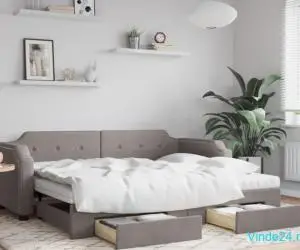 Pat de zi cu extensie și sertare, gri taupe, 90x200 cm, textil