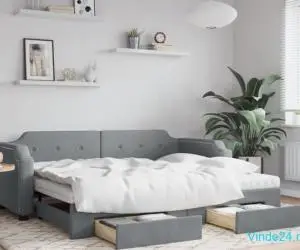 Pat de zi cu extensie și sertare, gri deschis 100x200 cm textil