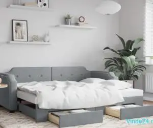 Pat de zi cu extensie și sertare, gri deschis, 90x200 cm textil