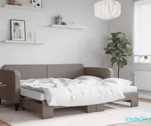 Pat de zi cu extensie și saltele, gri taupe, 90x200 cm, textil