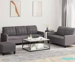 Set de canapele cu perne, 3 piese, gri, piele ecologică