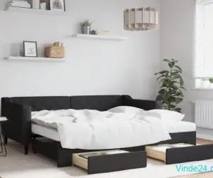 Pat de zi cu extensie și sertare, negru, 90x190cm, textil