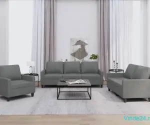 Set de canapele cu perne, 3 piese, gri închis, textil