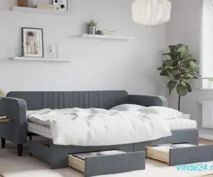 Pat de zi cu extensie și sertare gri închis 90x200 cm catifea