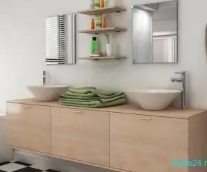Set mobilier baie 10 piese cu chiuvete și robinete incluse, Bej
