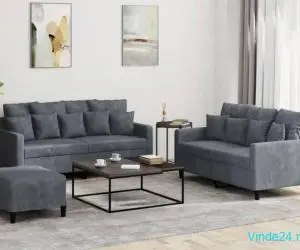 Set de canapele cu perne, 3 piese, gri închis, catifea