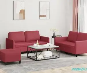 Set de canapele cu perne, 3 piese, roșu vin, piele ecologică
