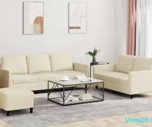 Set de canapele cu perne, 3 piese, crem, piele ecologică