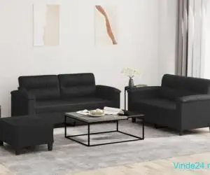 Set de canapele cu perne, 3 piese, negru, piele ecologică