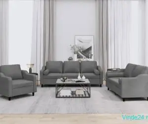 Set de canapele cu perne, 3 piese, gri închis, textil