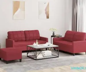 Set de canapele cu perne, 3 piese, roșu vin, piele ecologică