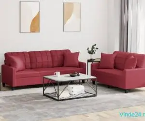 Set de canapele cu perne, 2 piese, roșu vin, piele ecologică