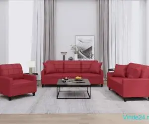 Set de canapele cu perne, 2 piese, roșu vin, piele ecologică