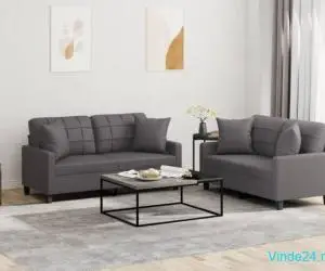 Set de canapele cu perne, 2 piese, gri, piele ecologică