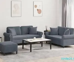 Set canapea cu perne, 3 piese, gri închis, catifea