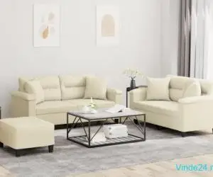 Set de canapele cu perne, 3 piese, crem, piele ecologică