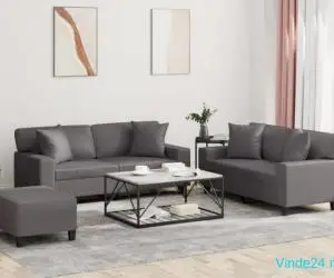 Set de canapele cu perne, 3 piese, gri, piele ecologică