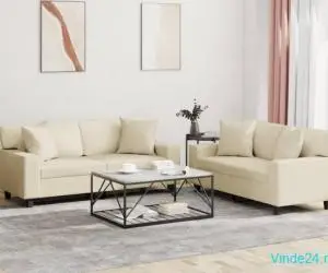 Set de canapele cu perne, 2 piese, crem, piele ecologică