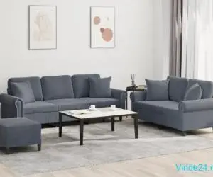 Set canapea cu perne, 3 piese, gri închis, catifea