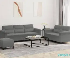 Set de canapele cu perne, 3 piese, gri închis, microfibră