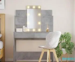 Masă de toaletă cu LED-uri, gri beton, 96x40x142 cm