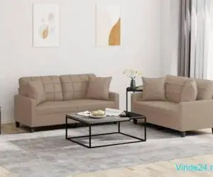 Set de canapele cu perne, 2 piese, cappuccino, piele ecologică