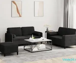 Set de canapele cu perne, 3 piese, negru, catifea