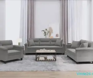 Set de canapele cu perne, 3 piese, gri închis, microfibră