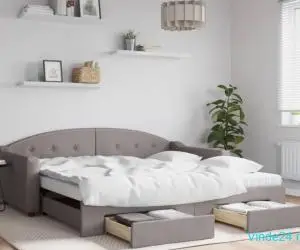 Pat de zi cu extensie și sertare, gri taupe, 100x200 cm, textil