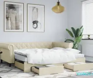 Pat de zi cu extensie și sertare crem 90x200 cm piele ecologică
