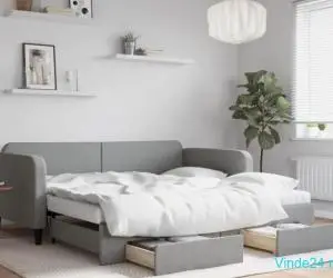Pat de zi cu extensie și sertare, gri deschis 100x200 cm textil