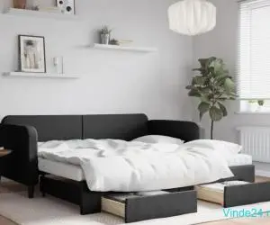 Pat de zi cu extensie și sertare, negru, 100x200 cm, textil