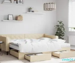 Pat de zi cu extensie și sertare, crem, 90x200 cm, textil