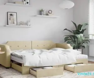 Pat de zi cu extensie și sertare, crem, 80x200 cm, textil