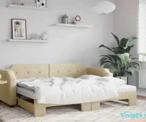 Pat de zi cu extensie și saltele, crem, 80x200 cm, textil