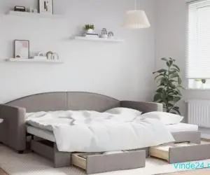 Pat de zi cu extensie și sertare, gri taupe, 100x200 cm, textil