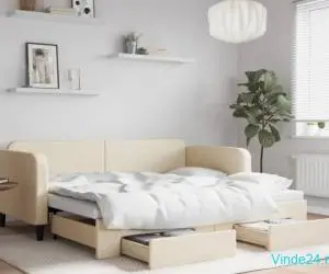 Pat de zi cu extensie și sertare, crem, 90x200 cm, textil