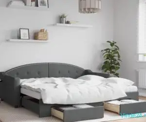Pat de zi cu extensie și sertare, gri închis, 90x190cm, textil