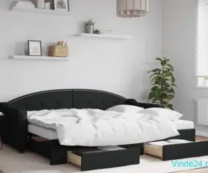 Pat de zi cu extensie și sertare, negru, 80x200 cm, textil