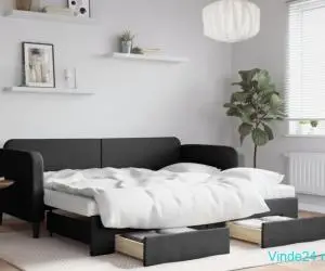 Pat de zi cu extensie și sertare, negru, 90x190cm, textil