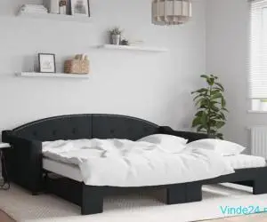 Pat de zi cu extensie și saltele, negru, 100x200 cm, textil