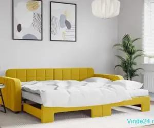 Pat de zi cu extensie și saltea, galben, 90x200 cm, catifea