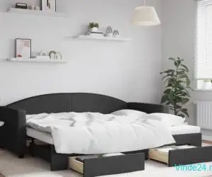 Pat de zi cu extensie și sertare, negru, 90x200 cm, textil