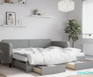 Pat de zi cu extensie și sertare, gri deschis, 90x190cm, textil